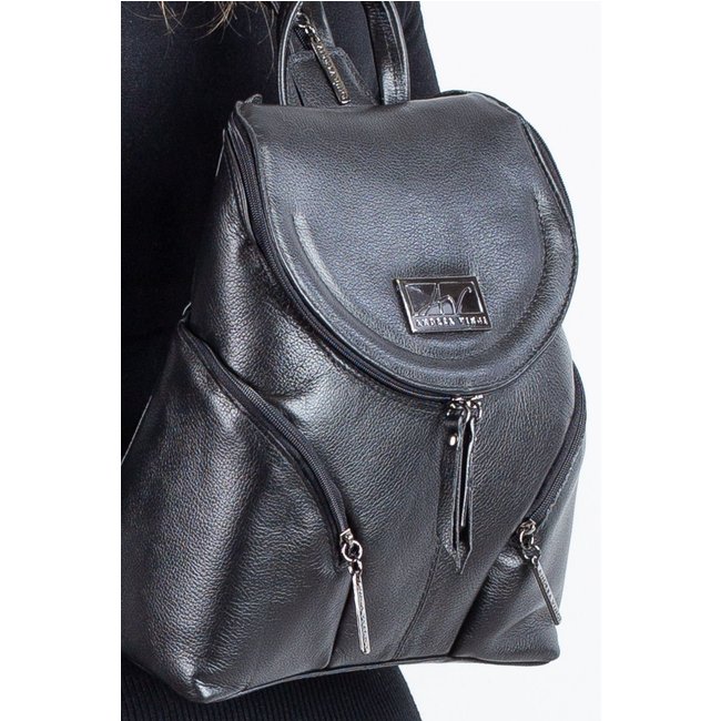 Mochila pequena de couro liso metais grafite Cecília - Preto