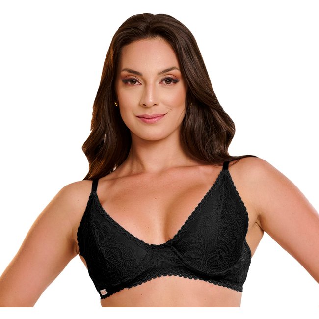 Sutiã Rendado Gabi Lingerie Meia Taça com Aro Sem Bojo Poliamida Preto
