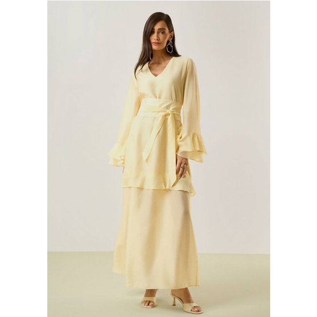 Vestido Maria Valentina Solto Decote V Manga Longa Longo Amarelo