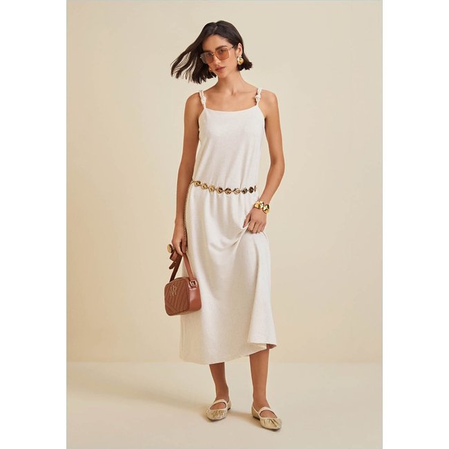 Vestido Morena Rosa Solto Decote Reto Com Alça Midi Bege