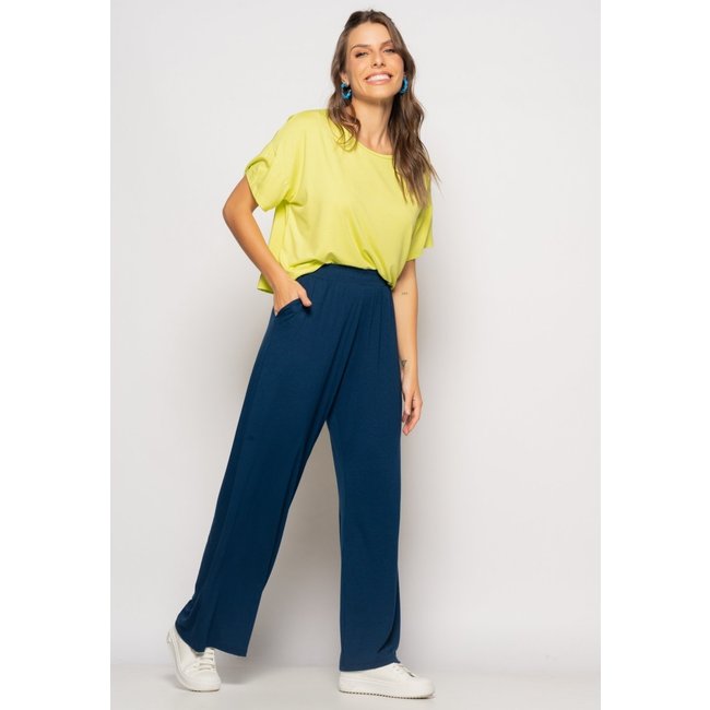 Calça Wide Leg Com Bolso Malha Salvatore Fashion Azul Marinho