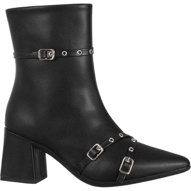Bota Feminina GiGiL Cano Médio Bico Fino Aplique Ilhós Fivelas Preto