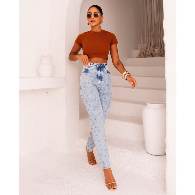 Calça Jeans Mom Feminina Cintura Alta Bordado Estrela 23750 Sky Consciência