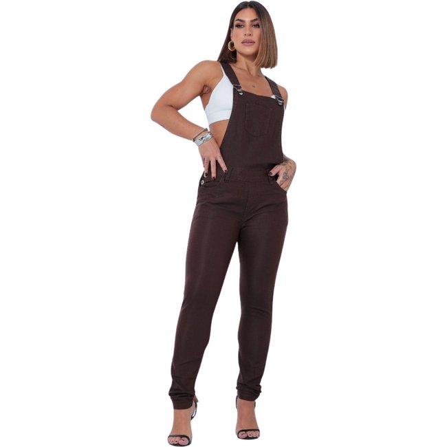 Macacão Jardineira Feminino Marrom Sarja