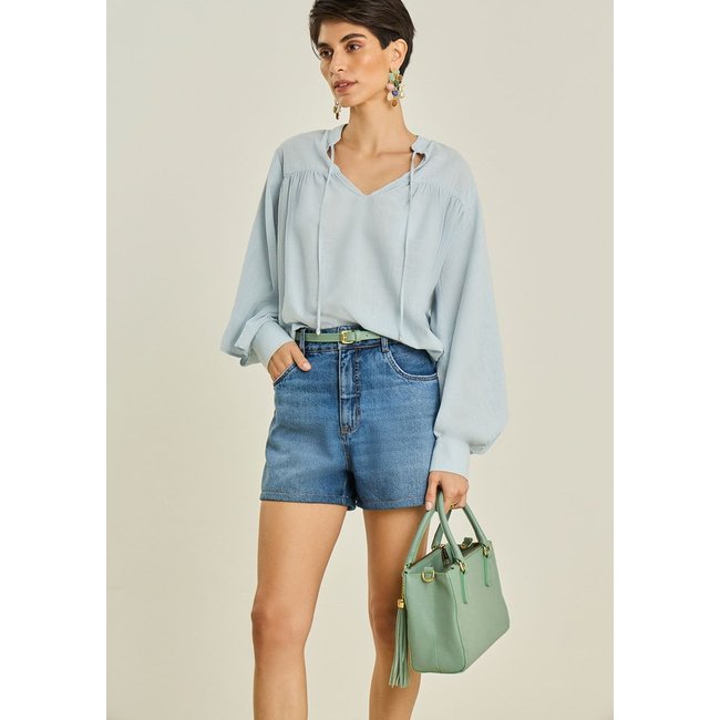 Blusa Maria Valentina Solta Gola Padre Manga Longa Padrão Azul