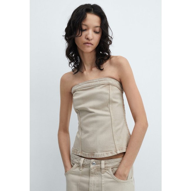 Blusa Jeans Mango Ajustada Recortes Bege
