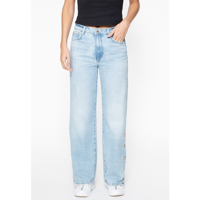 Calça Jeans Wide Leg Eco Fenda Botões Azul Claro