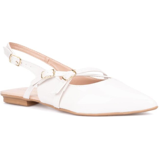 Sapatilha Feminina Slingback Em Verniz Bico Fino Com Fivelas