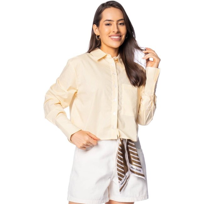 Camisa Feminina The Style Box Social Cropped Amarelo/Branco