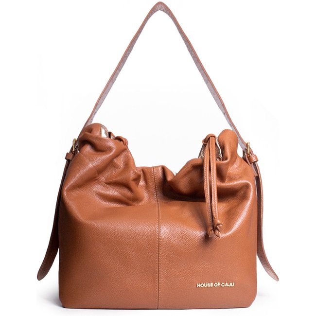 Bolsa Feminina Em Couro Alça De Mão Caramelo Com Dourado "Júlia Dos Santos Barreto"""