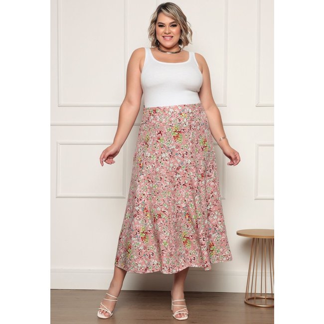 Conjunto Feminino Saia Estampada e Regata Modelo Tendência - Rosa