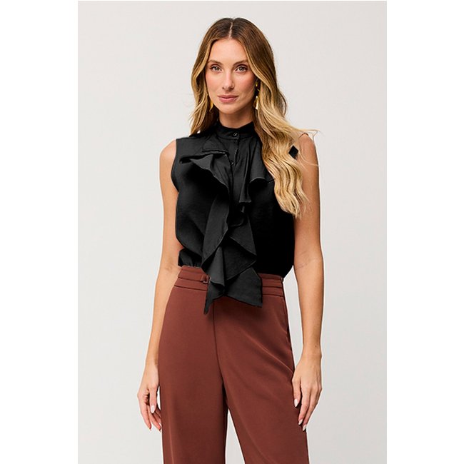 Camisa Jabot Lisa Sem Mangas Preto Charry