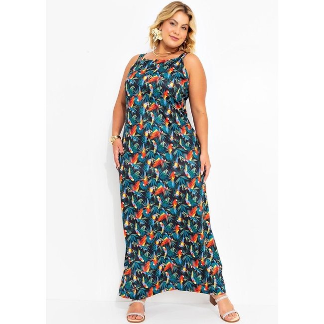 Vestido Em Jersey Acetinado Folhagem Araras Marguerite