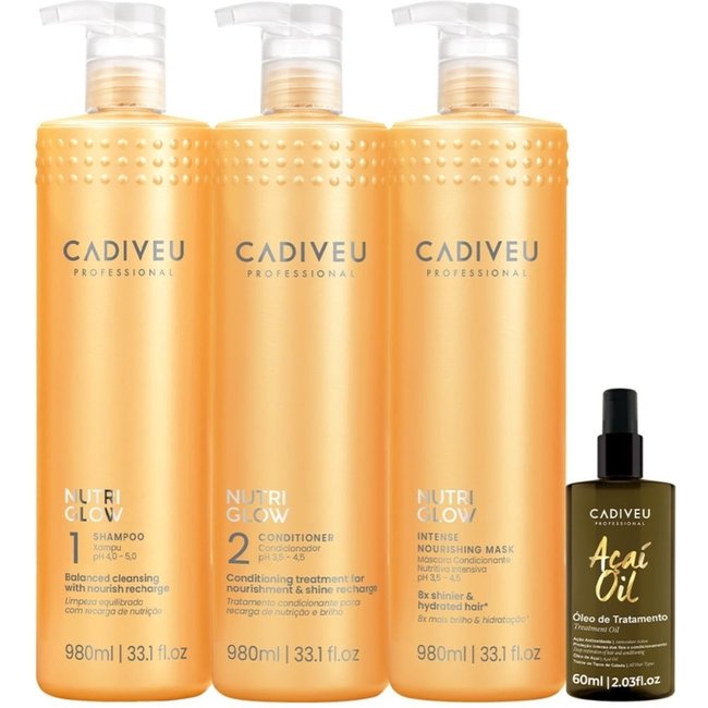 Kit Cadiveu Professional Nutri Glow Shampoo Condicionador Máscara G e Açaí Oil 60 (4 produtos)