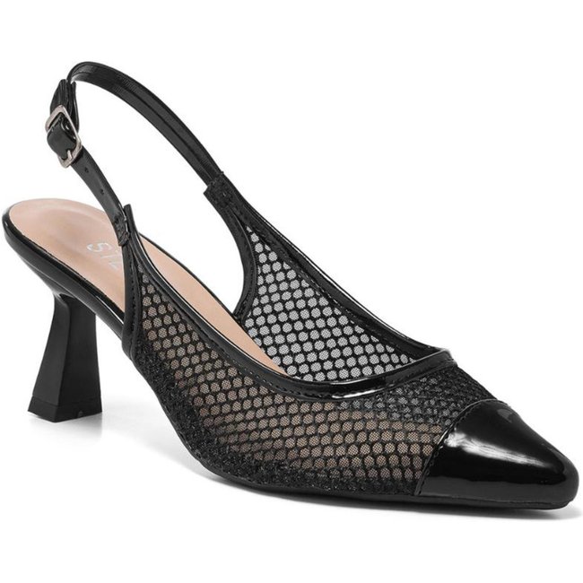 Scarpin Slingback Stessy Shoes Feminino Salto Taça Baixo Tela Bico Fino Preto