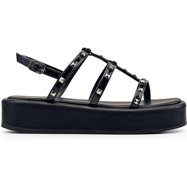 Sandália Papete Preto Verniz Spike Prata Salook