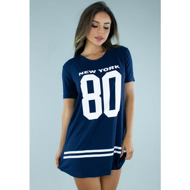 Camisa Bravaa Store Longline Vestido Camisão Feminino Ny Kings Swag 099 Azul Marinho
