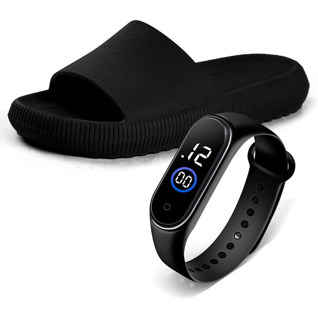 Chinelo Feminino Nuvem Slide Com Relógio Confortável Anatômico Macio Moderno Antiderrapante Preto