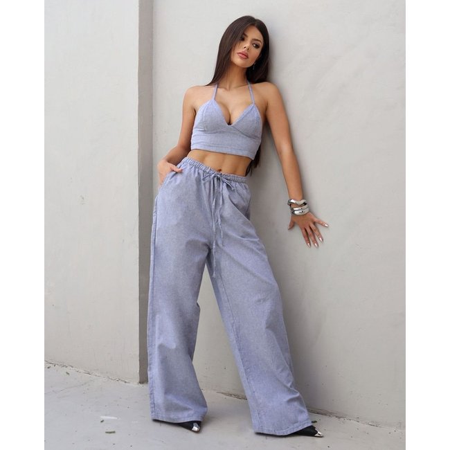 Calça Wide Leg Feminina com Elástico No Cós 24899 Azul Marinho Consciência