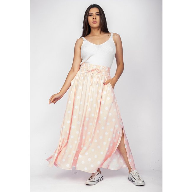 Saia Longa Amazonia Vital Viscose Rosa Poá Branco