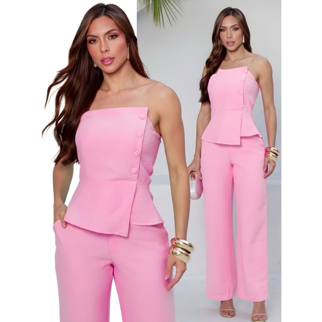 Conjunto Longo Feminino Divina Gata Blusa Tomara que Caia e Calça Pantalona - Rosa BLOSSON