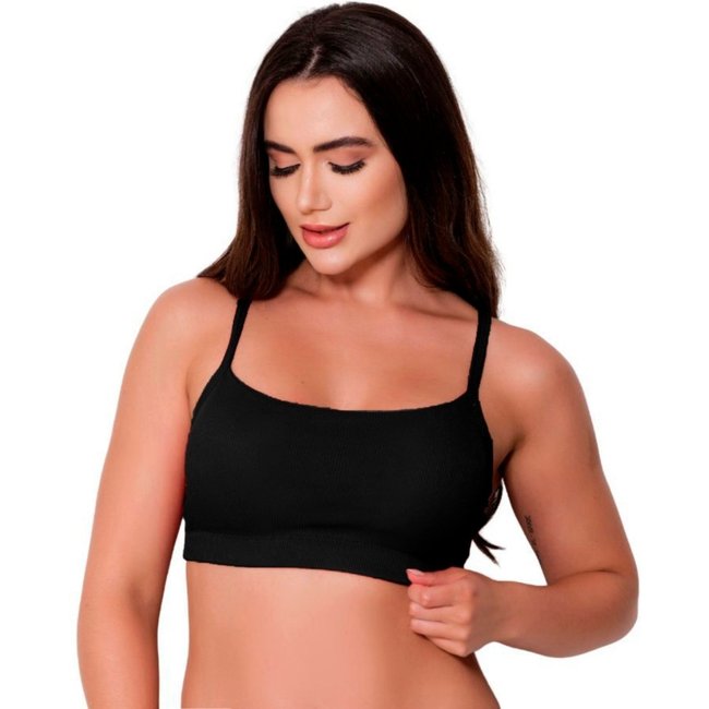 Top Canelado Gabi Lingerie Com Bojo Removível Confortável Cropped Bustie Algodão Lingerie Elegante Preto