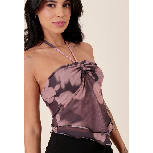Blusa Pop Me Em Tule Estampado Decote Reto Com Puxador Preto
