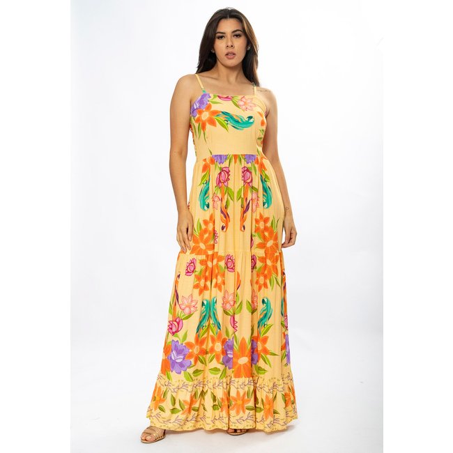 Vestido Longo Amazônia Vital Alça Fina Estampa Alegria Tropical