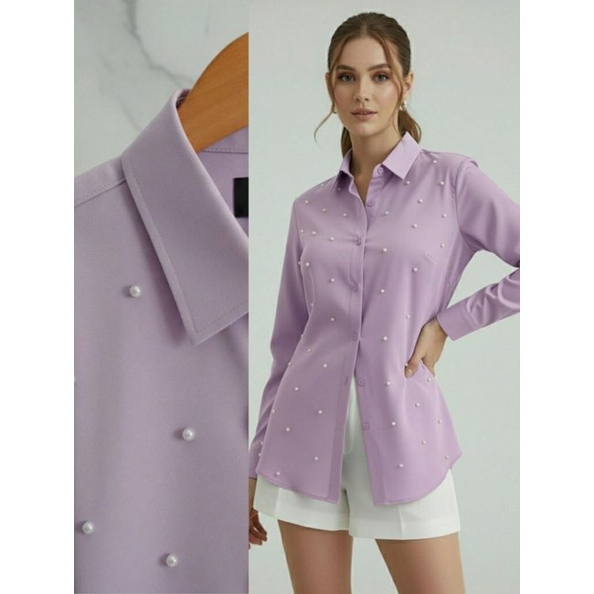 Camisa Social Feminina com Pérolas Premium Lilás | Blusa de Luxo Manga Longa Elegante com Aplicações de Pérolas Longa