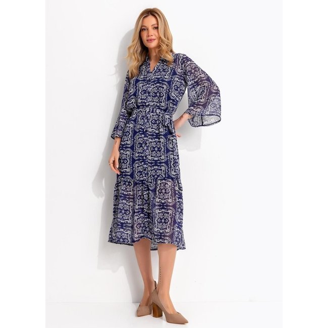 Vestido Chemise Longuete Paisley Azul Em Chiffon Com Lurex - Quintess Quintess