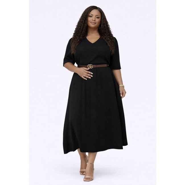 Vestido Midi Plus Size D Bell Outlet Fashion Gola V Com Cinto Preto