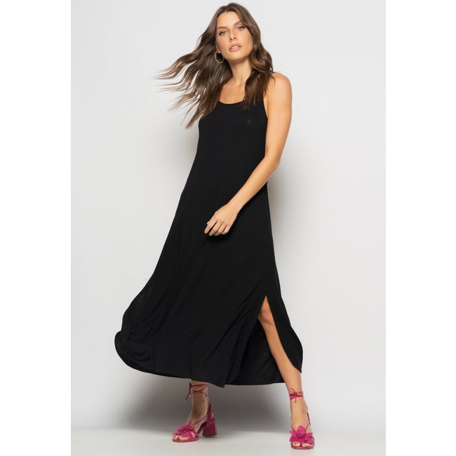 Vestido Longo Alcinha Com Barra Arredondada E Bolsos Salvatore Preto