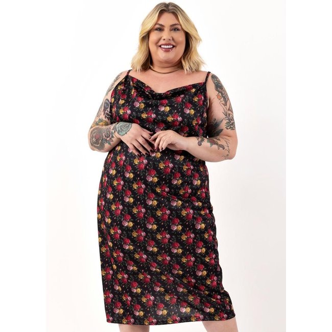 Vestido Em Jersey Acetinado Rosas Preto Marguerite