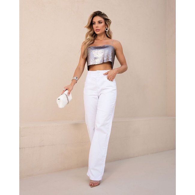 Calça Sarja Wide Leg Feminina Cintura Alta Cós Duplo 23559 Branco Consciência