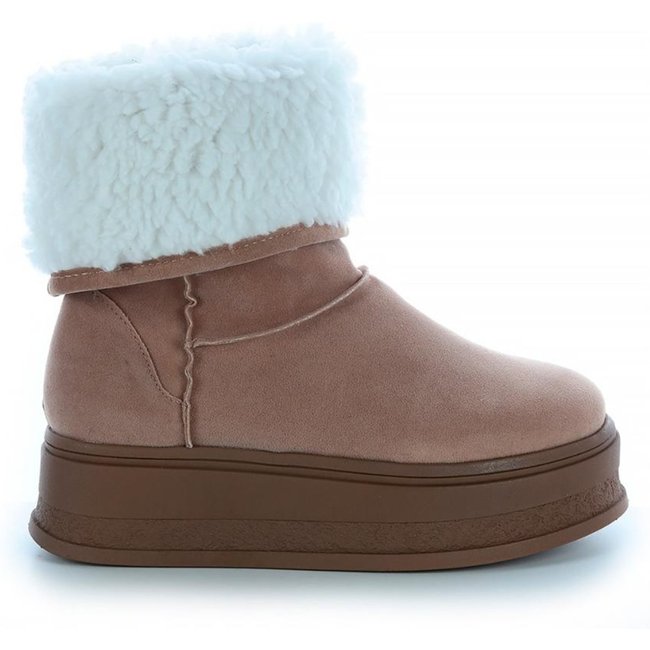 Bota de Pelos Forrada Damannu Shoes Salto Plataforma Cano Médio Bege com Branco