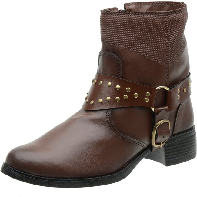 Bota Coturno Feminino Cano Médio Mr Try Shoes Salto Baixo Com Fivela Marrom