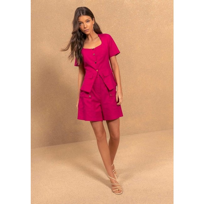 Blusa De Mangas Curtas Com Botões E Lapelas