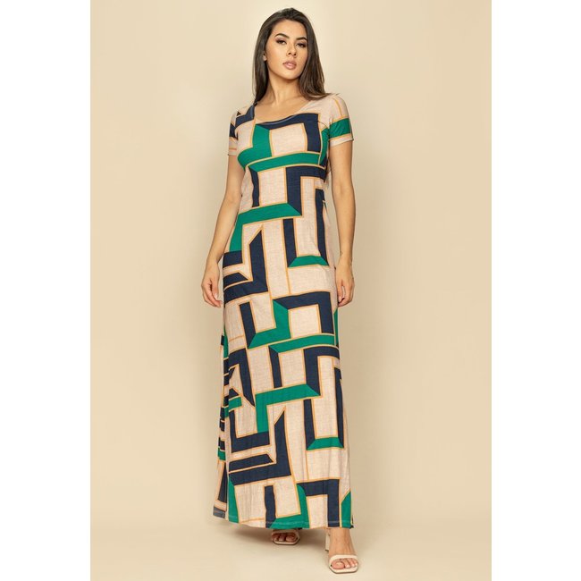 Vestido Longo Malha Gola Canoa Manga Curta Estampa Chapada de Areia