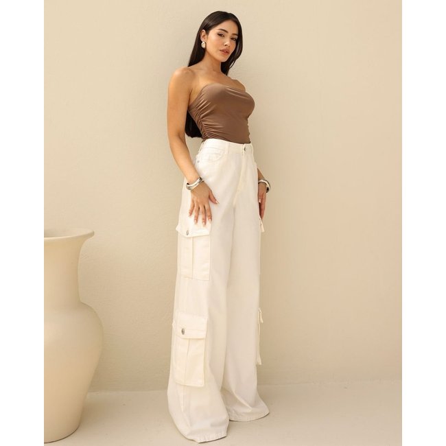 Calça Jeans Wide Leg Feminina Cargo 24729 Off White Consciência