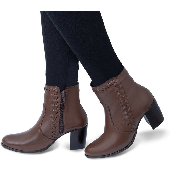 Bota feminina Salto de madeira Cano Curto Flor D'Couro couro Tamarindo
