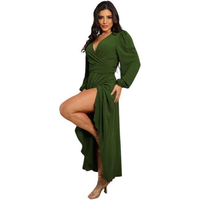 Vestido Midi Envelope Manga Longa Transpasse Verde