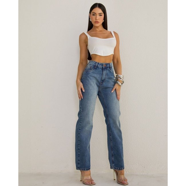 Calça Jeans Straight Fit Feminina Cintura Alta 02930 Sky com Bigode Consciência