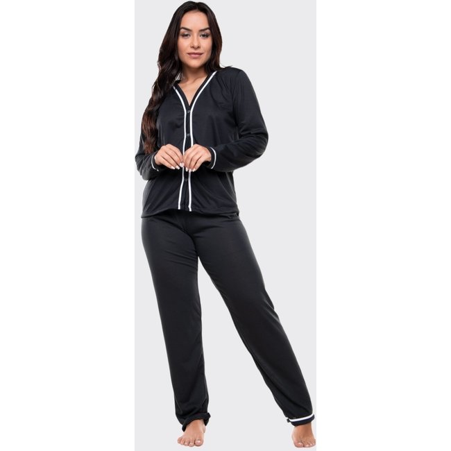 Pijama Feminino Longo 4 Estações de Botão Amamentação Pijama Gestante Pijama Americano Maternidade Preto