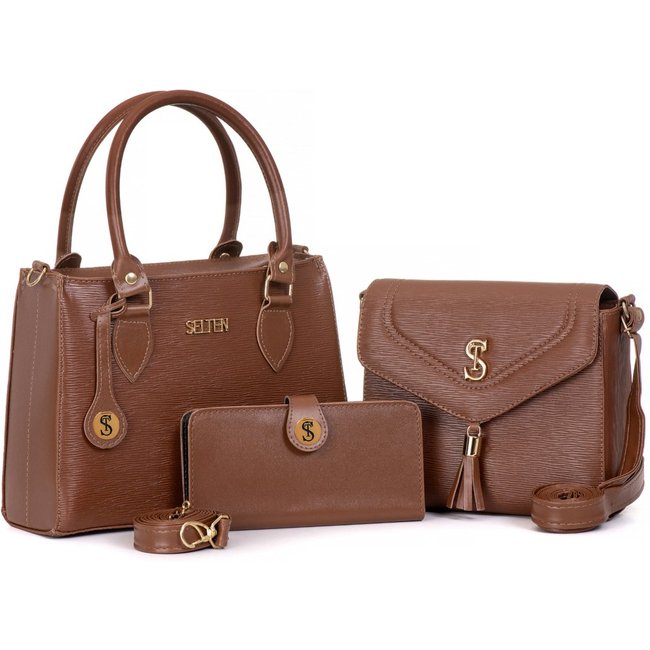 Kit Bolsa Feminina Alça Lateral e Transversal + Bolsa Média Tampa E Carteira Marrom Selten