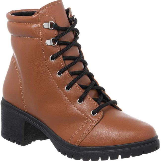 Bota Coturno Feminina Cano Baixo Salto Tratorada Confortável Caramelo