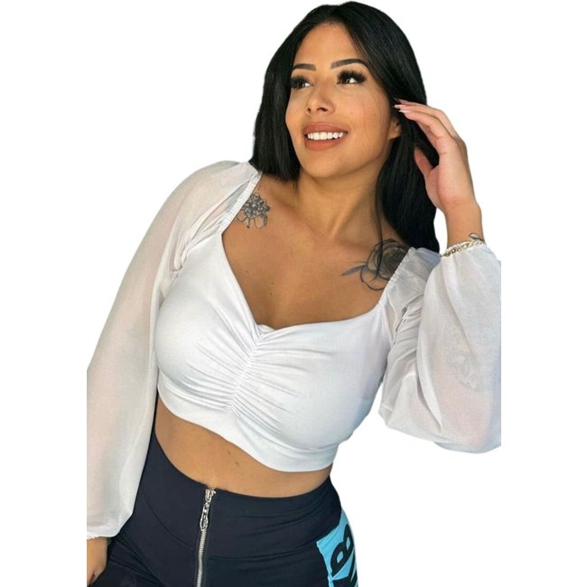 Cropped Summer Body Juliette Manga Longa Bufante Tule Blusinha Tendencia Branco