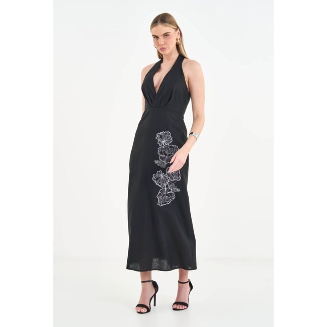 Vestido Longo Linho Bordado Rosas ACT Feminino