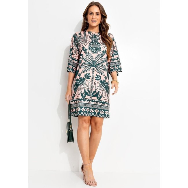 Vestido Feminino Curto Verde E Rosa Em Malha Fria Quintess