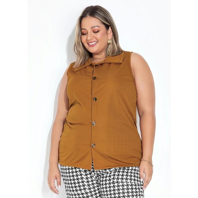 Colete Com Botões Plus Size Caramelo Marguerite
