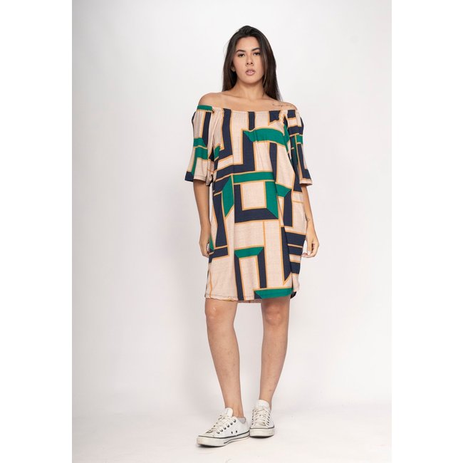 Vestido CabanaFree Curto Malha Ombro a Ombro Mullet Amplo Estampa Chapada de Areia